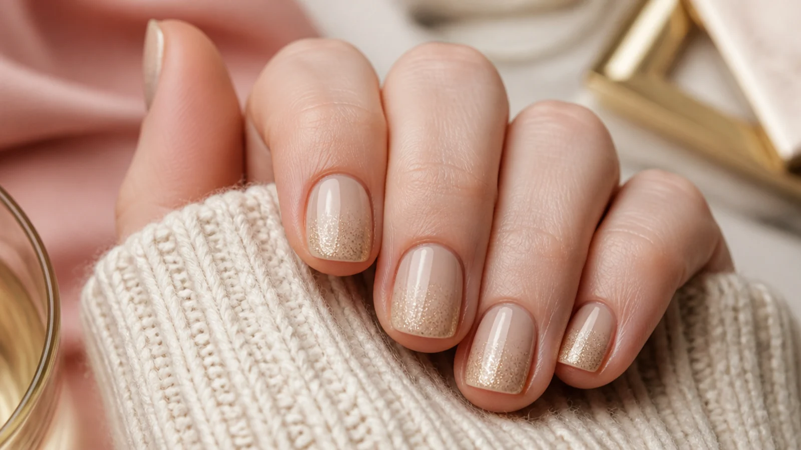 Short nails in champagne beige with fine gold shimmer catching the light across the tip