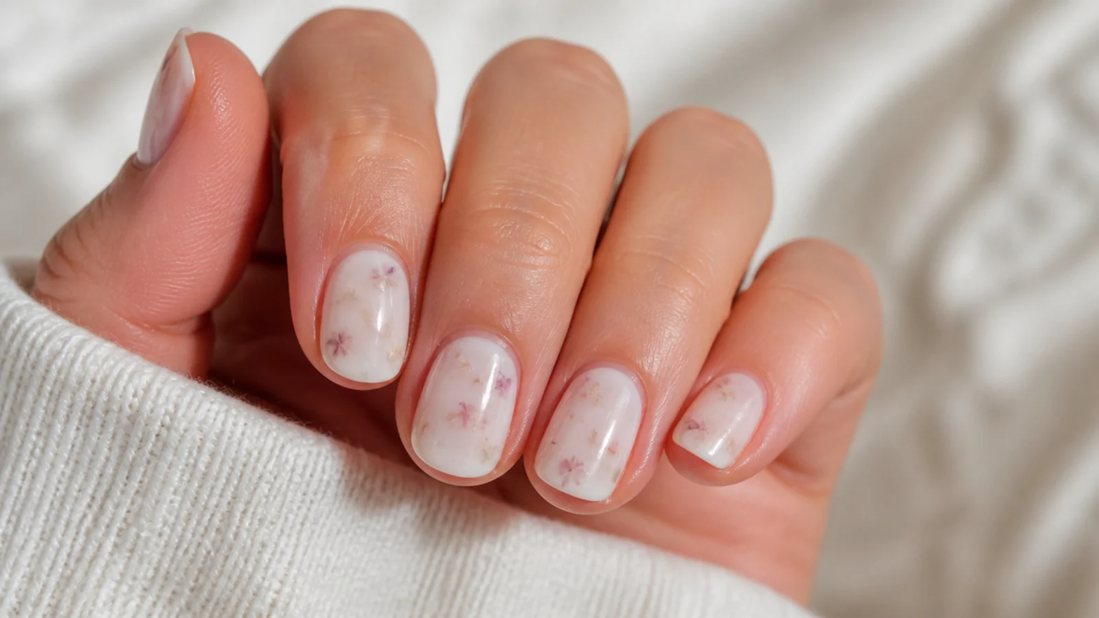 Short nails with tiny dried flower petals suspended under a cloudy milky white overlay