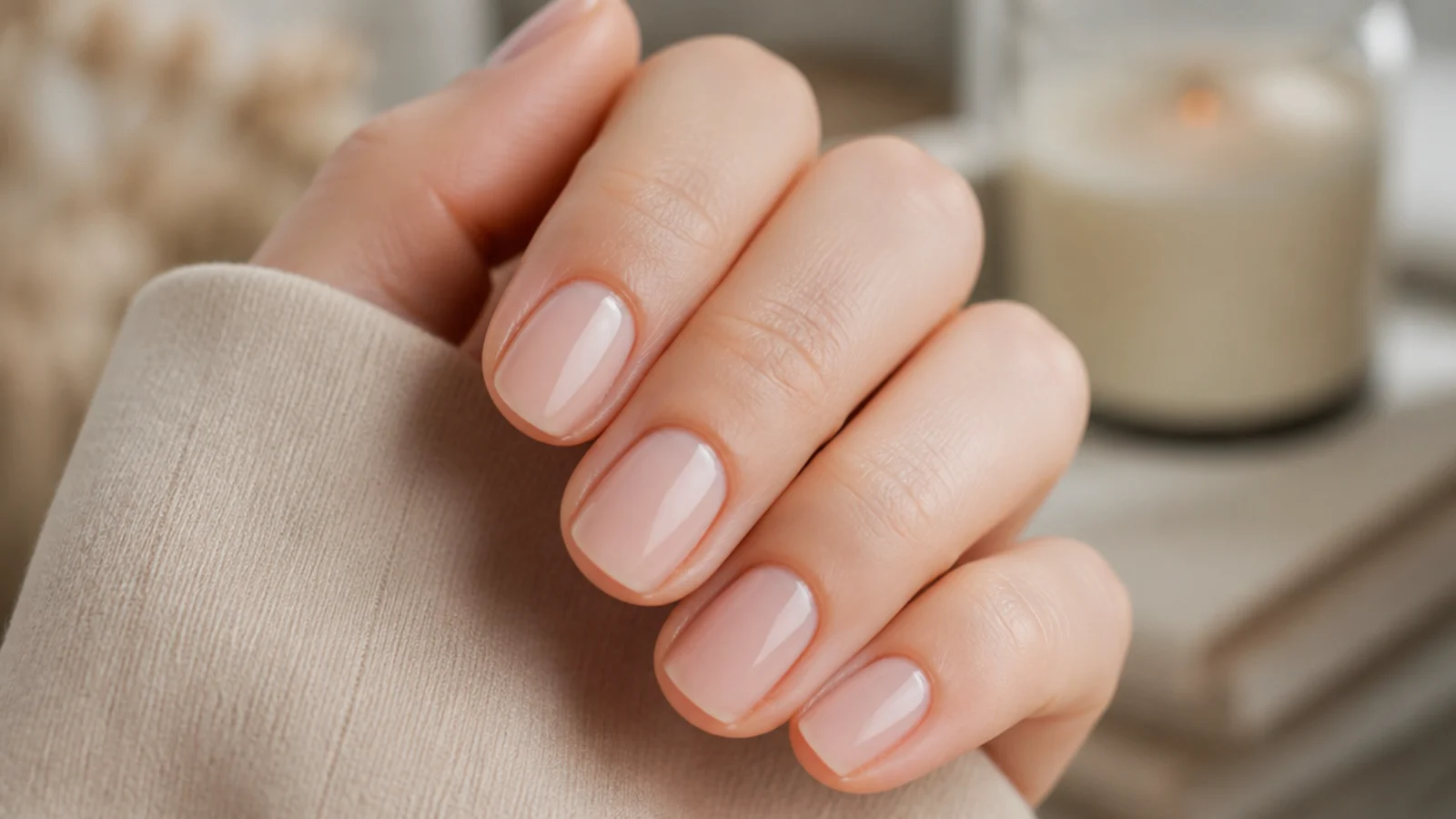 Short nails in one sheer nude coat over a buffed plate with a natural healthy shine