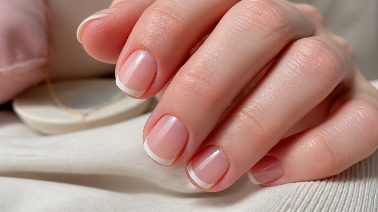 Short nails with a clear high-gloss top coat only, showing pink beds and neat white free edges