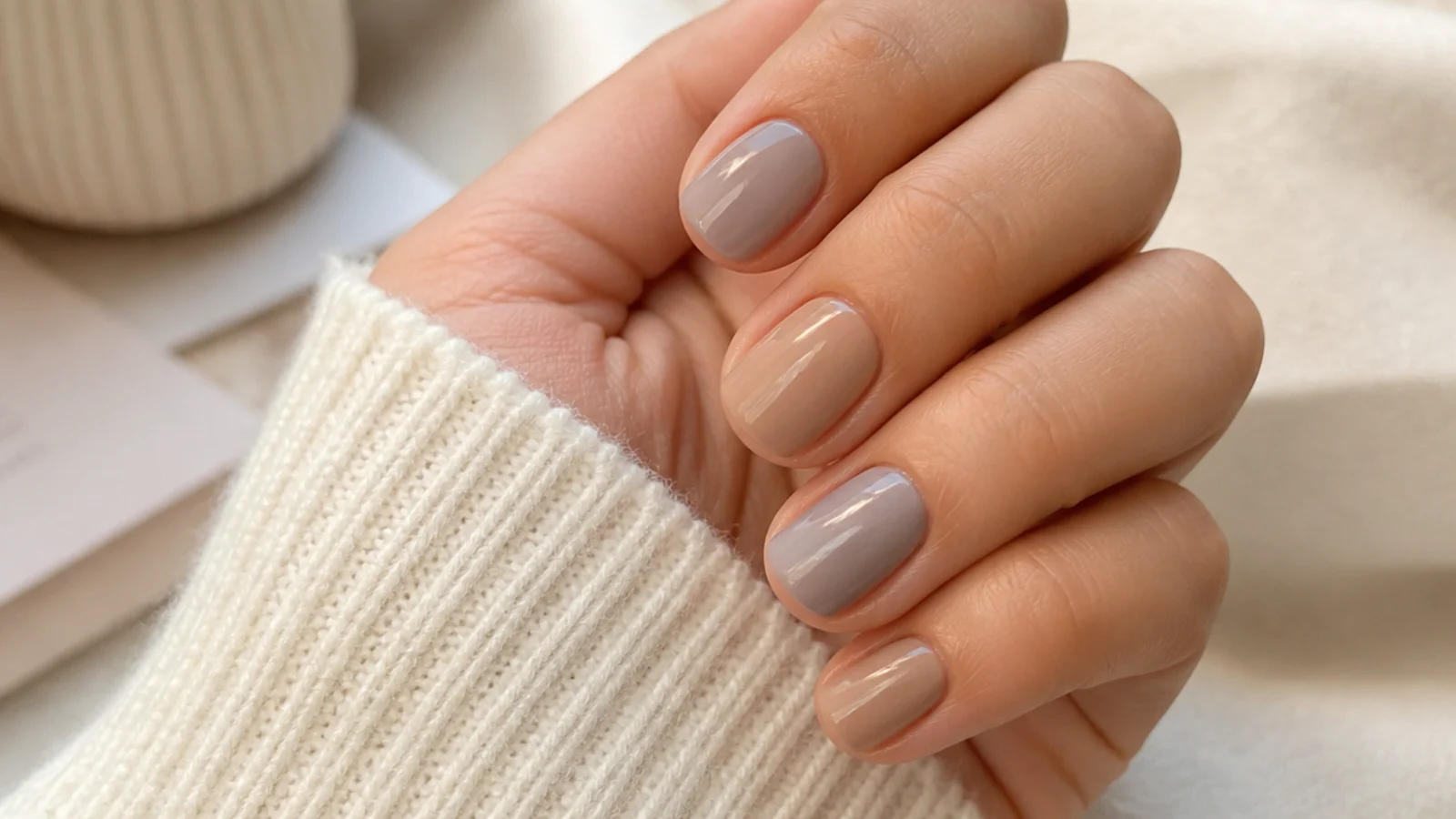 Short nails in two mismatched nude shades alternating warm beige and cool greige across the hand