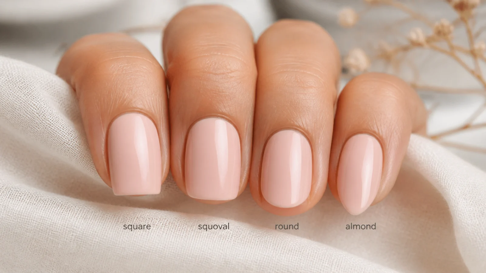Four short nail shapes compared side by side showing square, squoval, round and almond edges