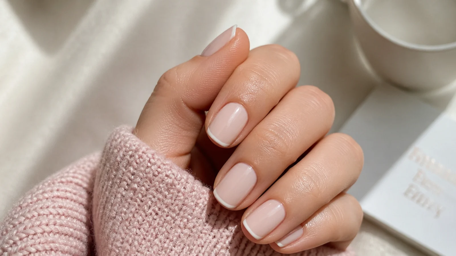 Short squoval nails in milky nude with a hairline micro French tip and high gloss finish