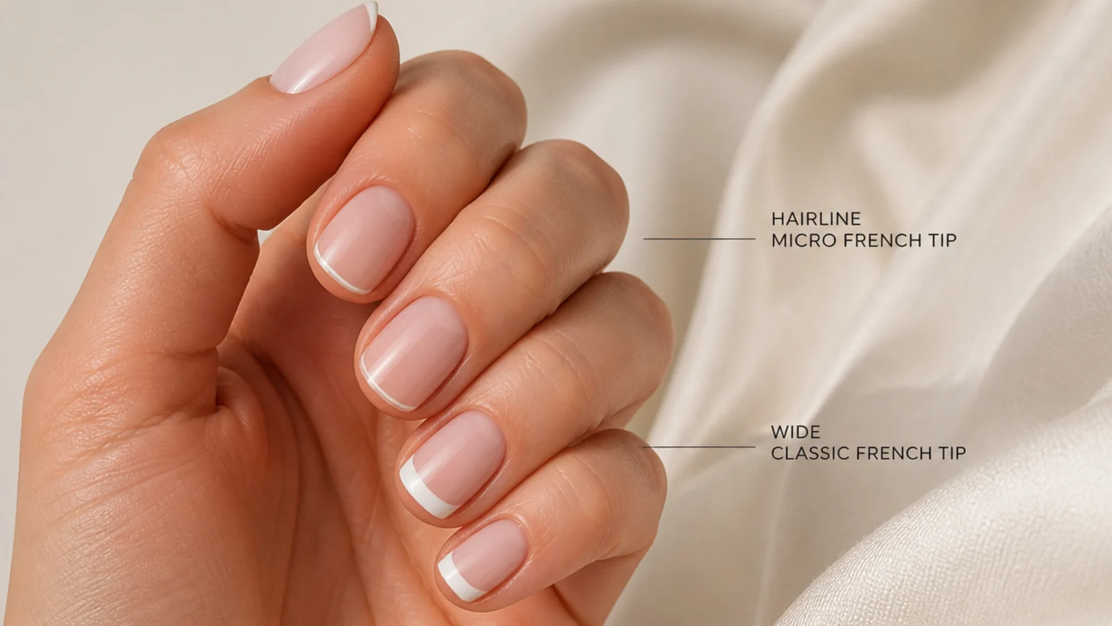 Short nails compared with a hairline micro French tip beside a wide classic white French tip