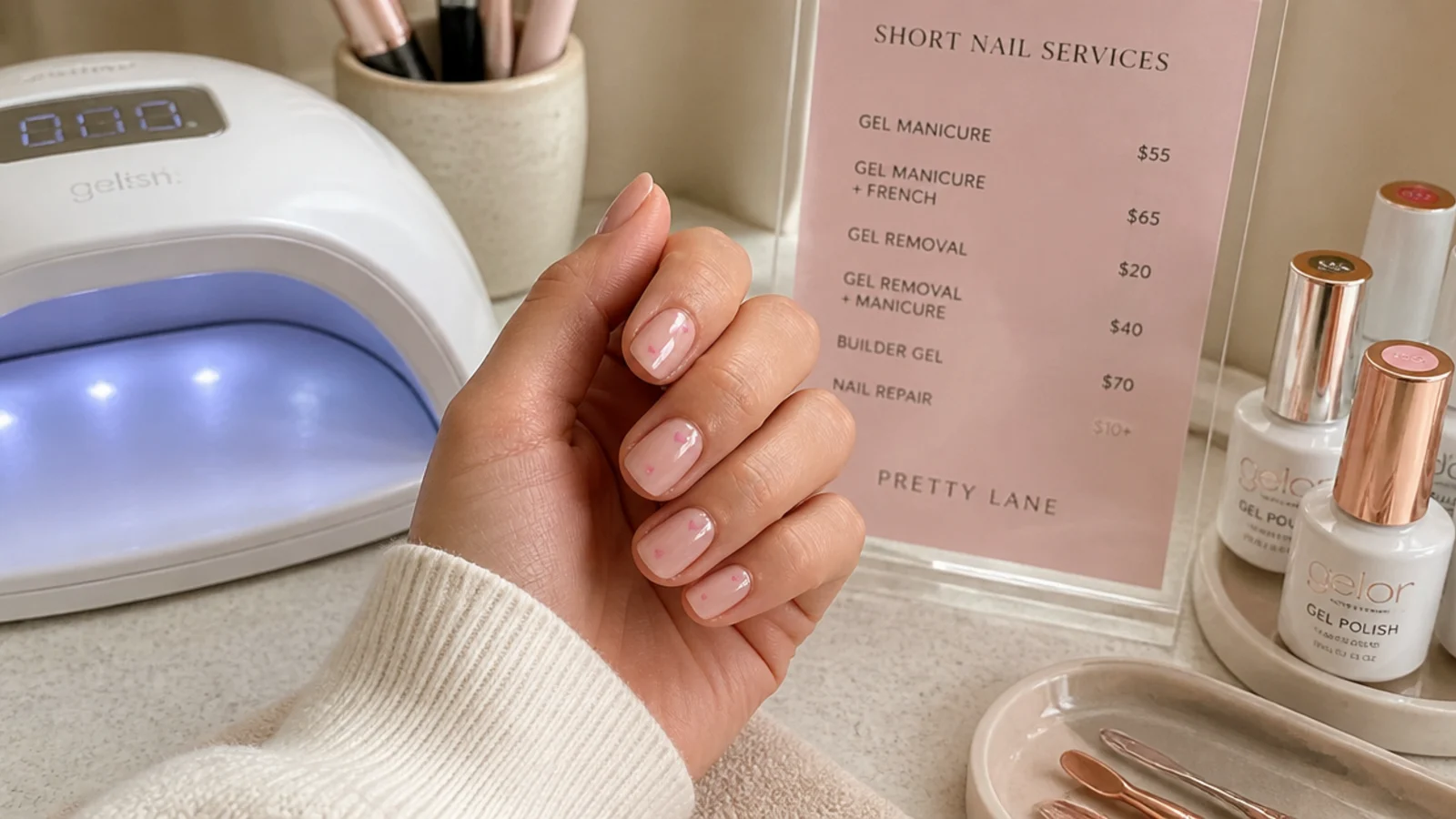 Nail salon station with gel bottles, a curing lamp and a price list for short nail services
