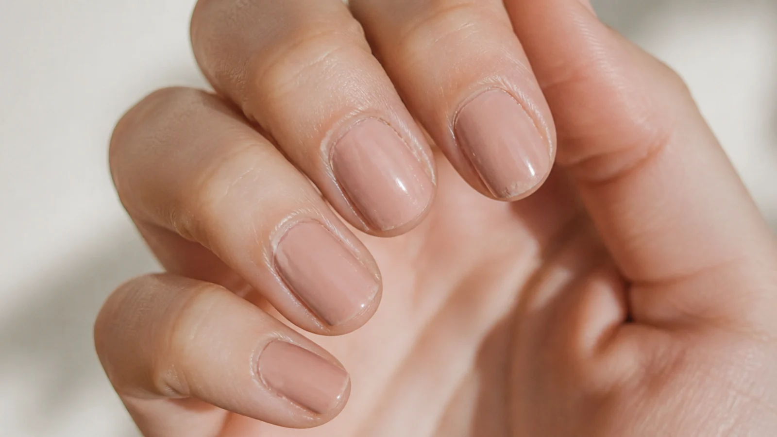 Close-up of common short manicure faults including flooded cuticles, chipped tips and streaky color