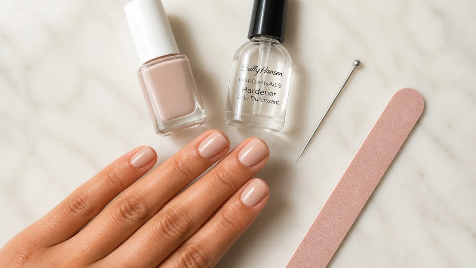 Flat lay of nude polish, a top coat, a pin and a nail file for under 15 dollar short manicures