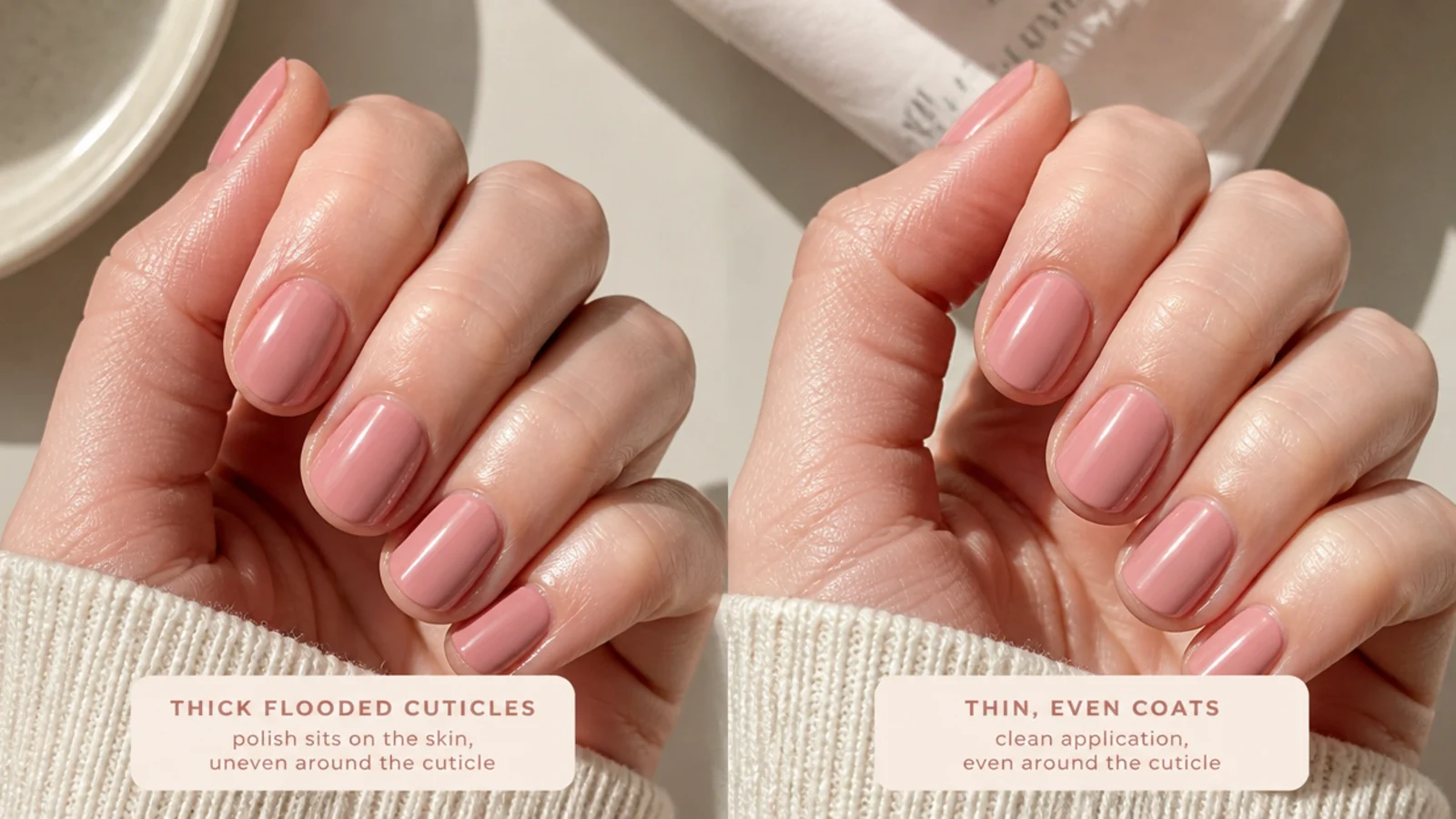 Two short manicures compared, one with thick flooded cuticles and one with thin even coats