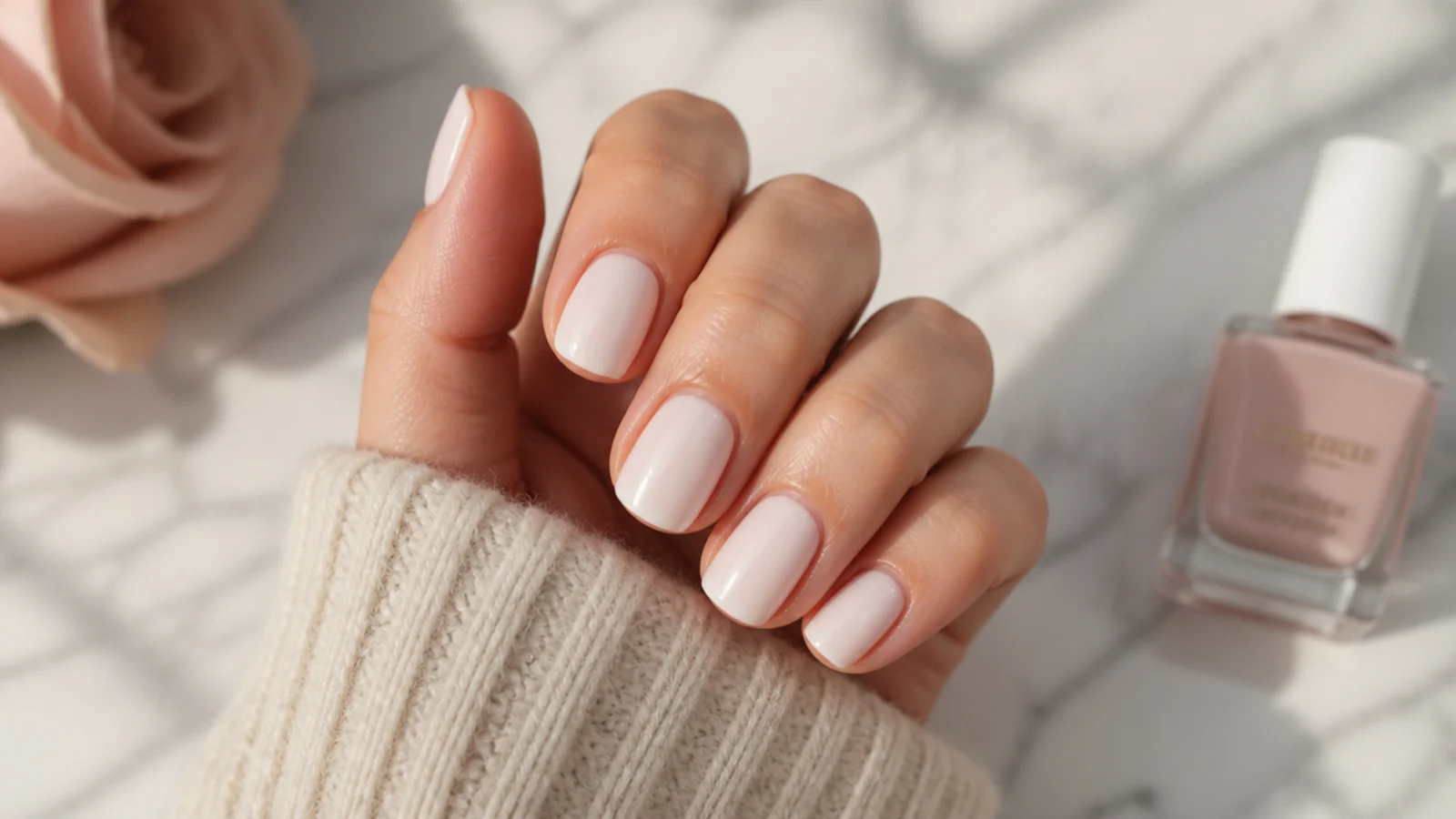Short milky white nails painted at home in three sheer coats with a glossy top coat
