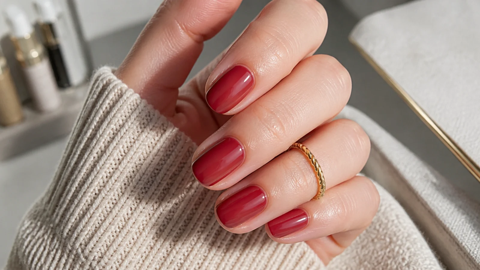 Translucent cherry jelly nails showing the natural nail through two sheer tinted coats