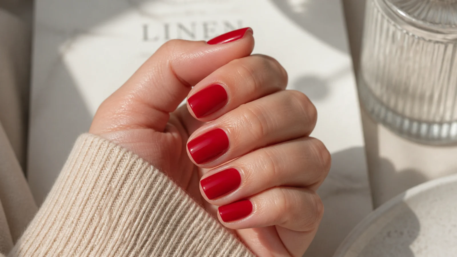Short square cherry red nails painted at home with a clean cuticle line and no flooding