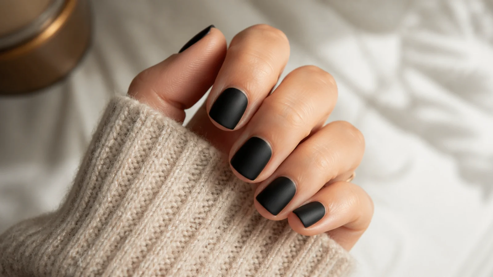 Short matte black nails with a velvet finish painted at home over two thin coats