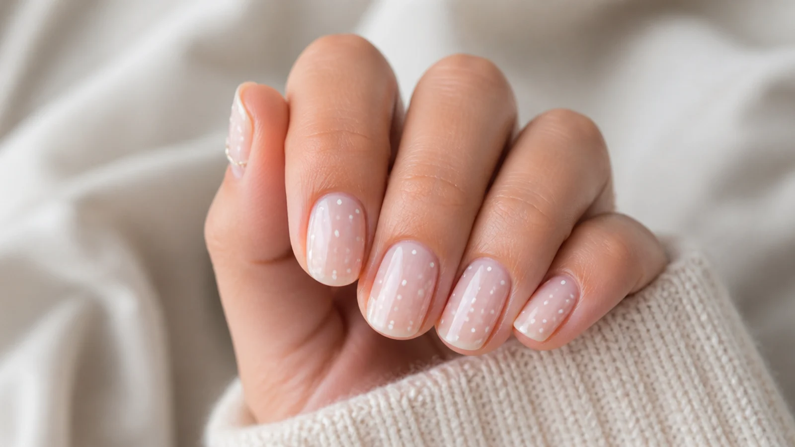 Nude nails with tiny scattered white micro dots applied with a wooden toothpick