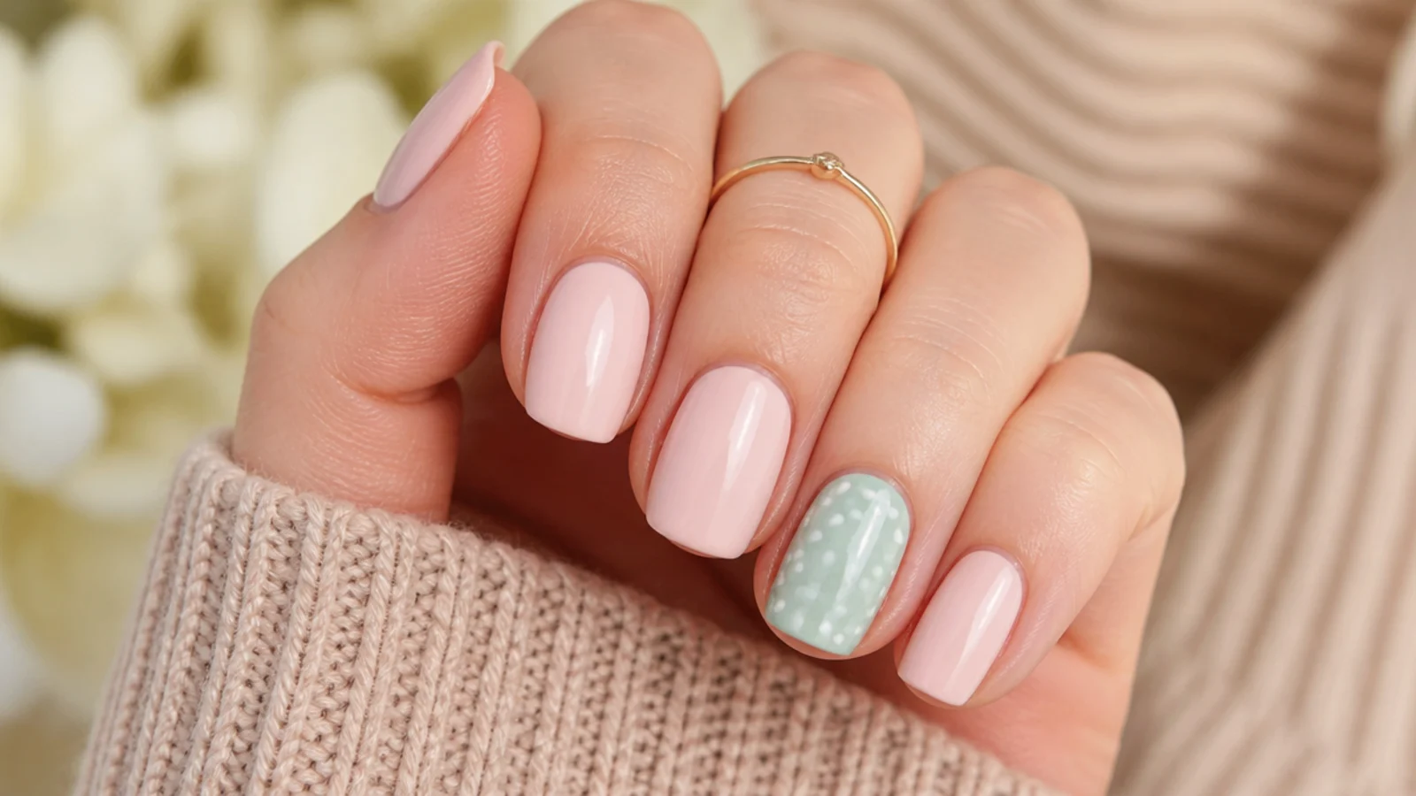 A single pastel accent nail covered in even round polka dots made with a bobby pin head