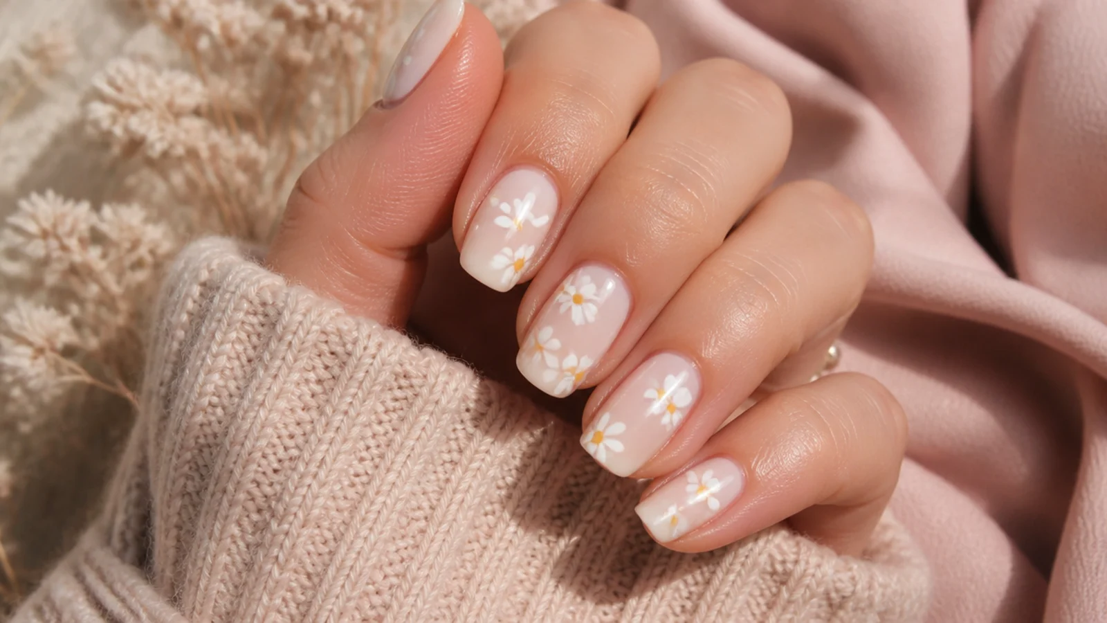 Milky base nails with tiny white five petal daisies and yellow centers drawn with a toothpick