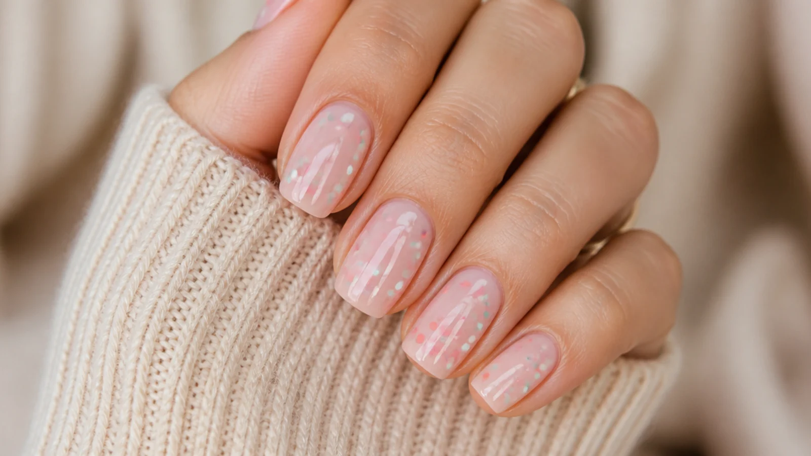 Sheer nude nails scattered with multicolor confetti dots in pink coral and mint