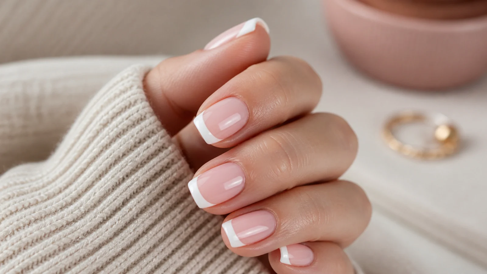 White straight French tip nails with a crisp tape line over a sheer pink base
