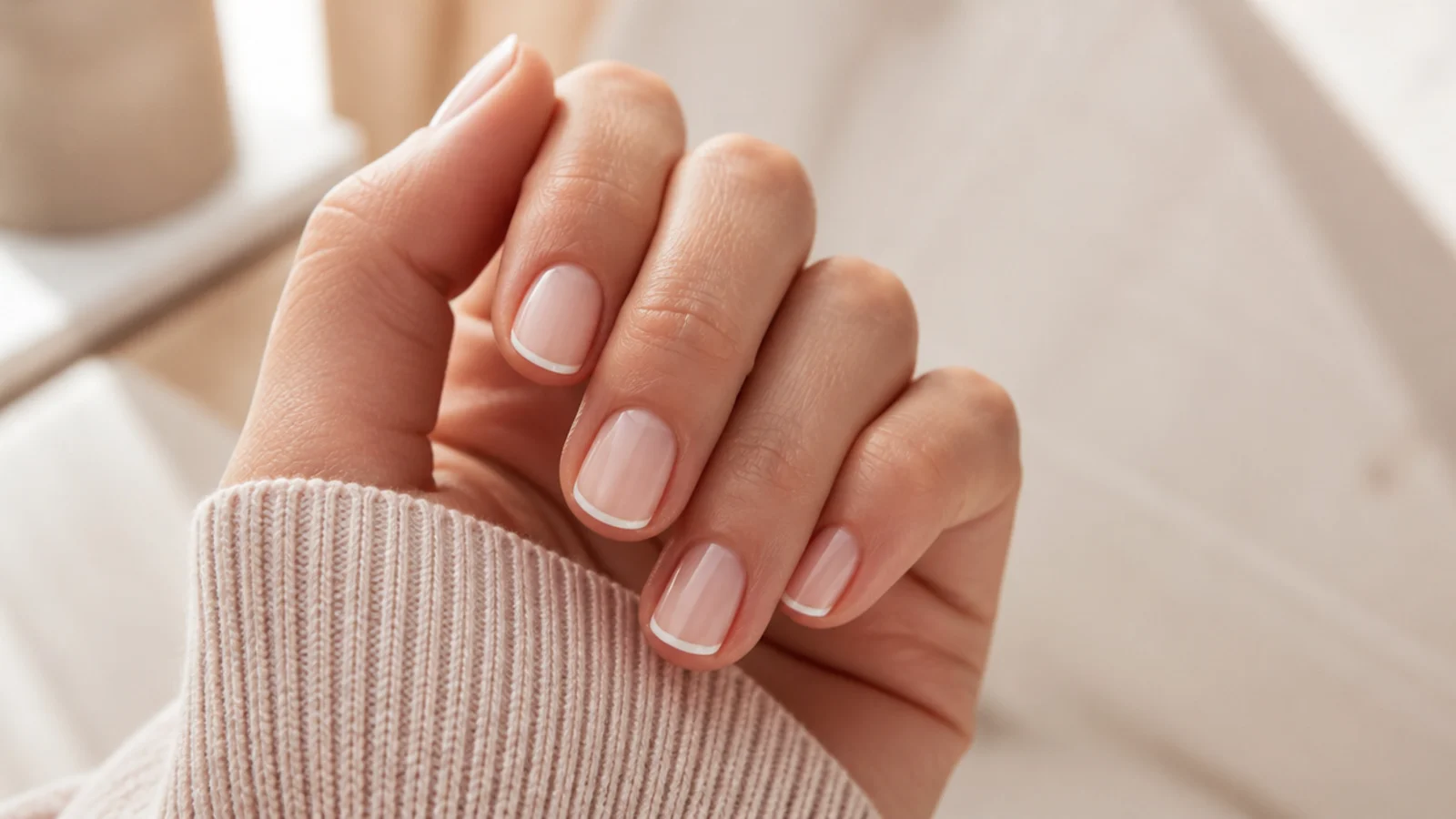 Short bare nails with a hairline white micro French tip painted freehand at home