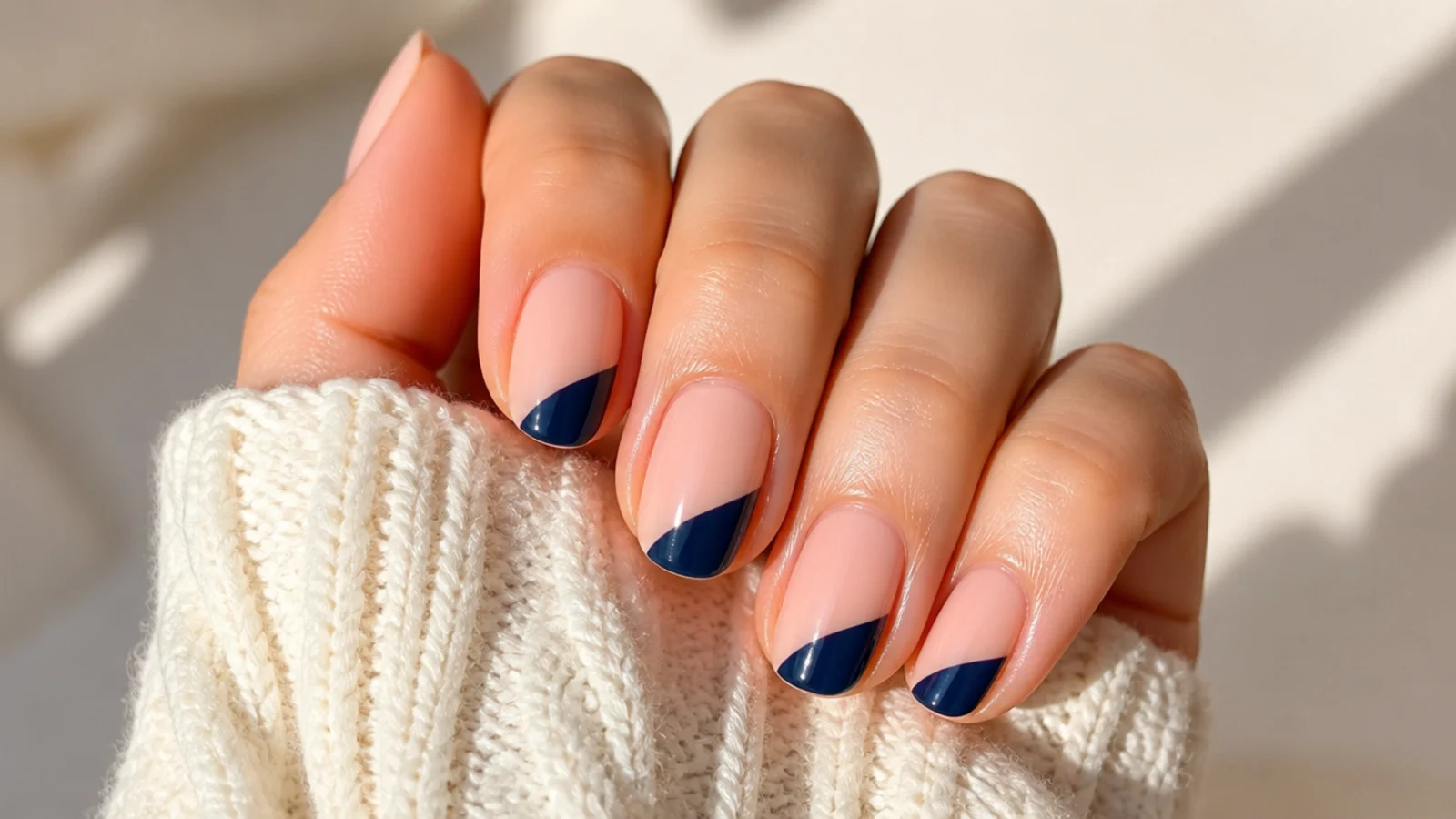 Nude nails with a diagonal navy half moon section masked off with tape