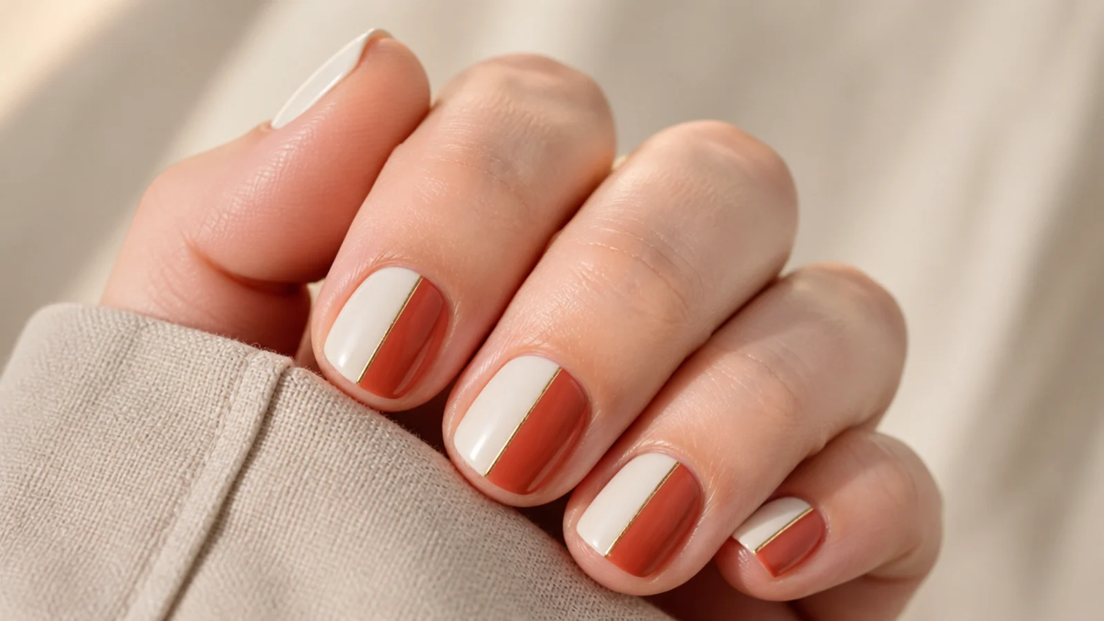 Short nails split into cream and terracotta color blocks with a straight vertical tape line