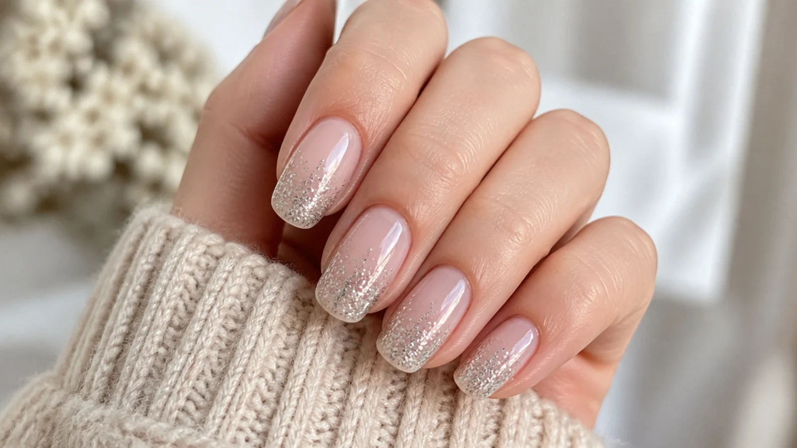 Sheer nude nails with silver glitter faded from the tip toward the middle using a sponge