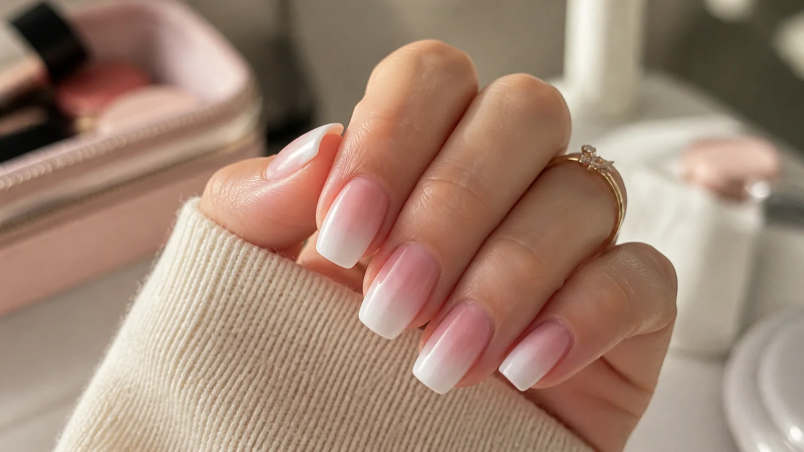 Pink to white ombre nails blended at home with a torn makeup sponge and a soft fade line