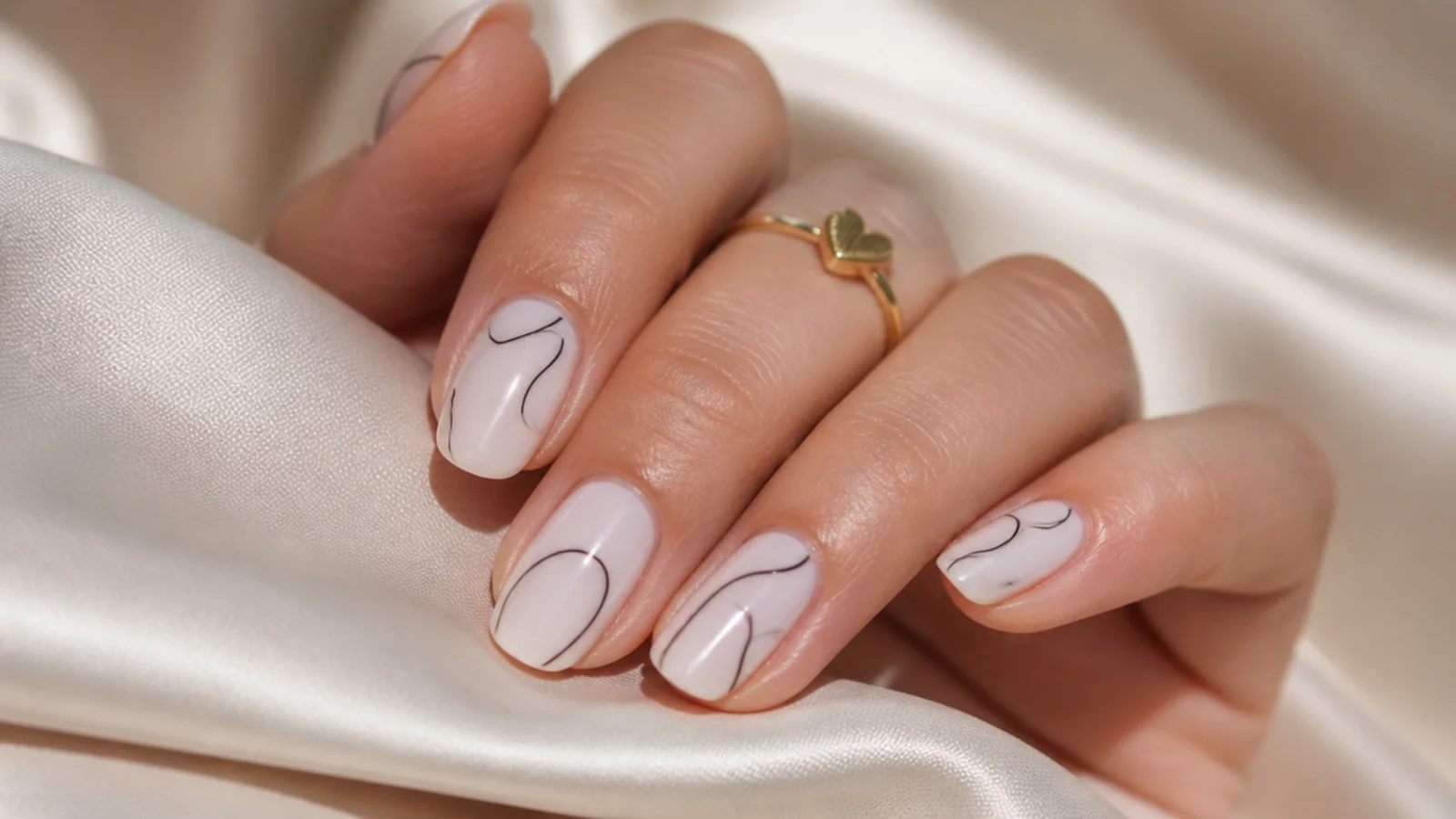 Milky nails with thin black abstract swirl lines drawn freehand across the nail