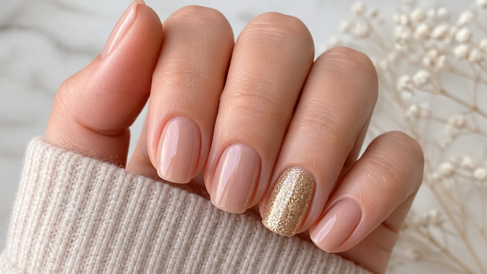 Nine nude nails with one gold glitter accent nail on the ring finger painted at home