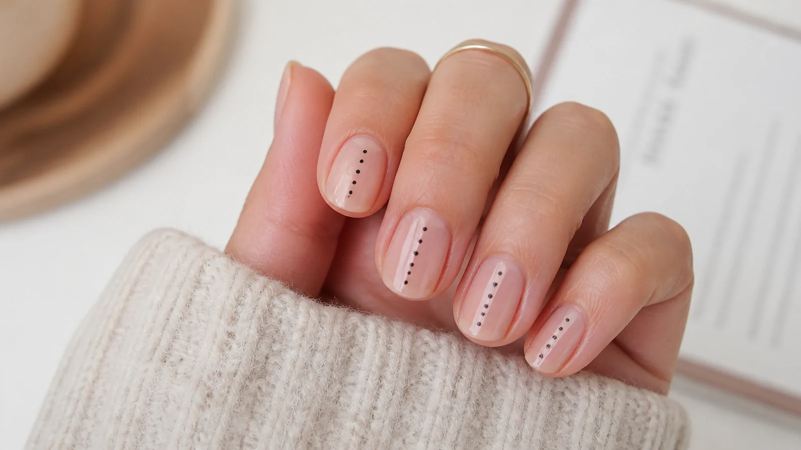 Bare natural nails with a single vertical line of small black dots down the center