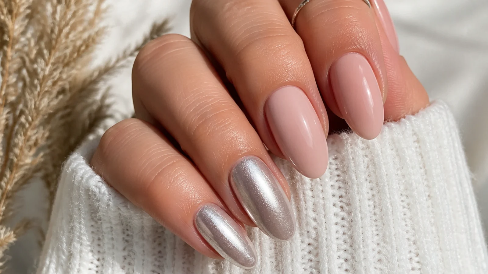 Two silver chrome accent nails buffed with powder over a no wipe gel top coat