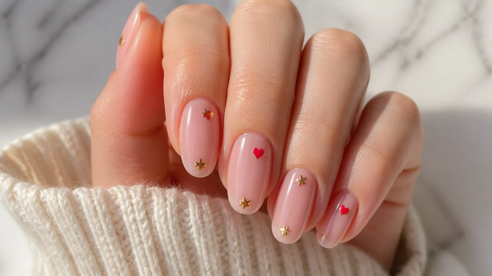 Sheer pink nails with small gold star and red heart nail stickers sealed under top coat