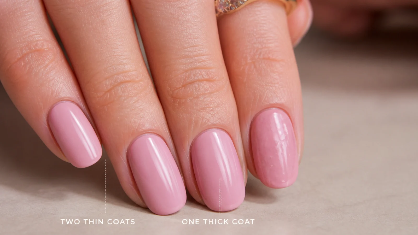 Two thin coats of pink polish compared against one thick coat showing bubbles and drag