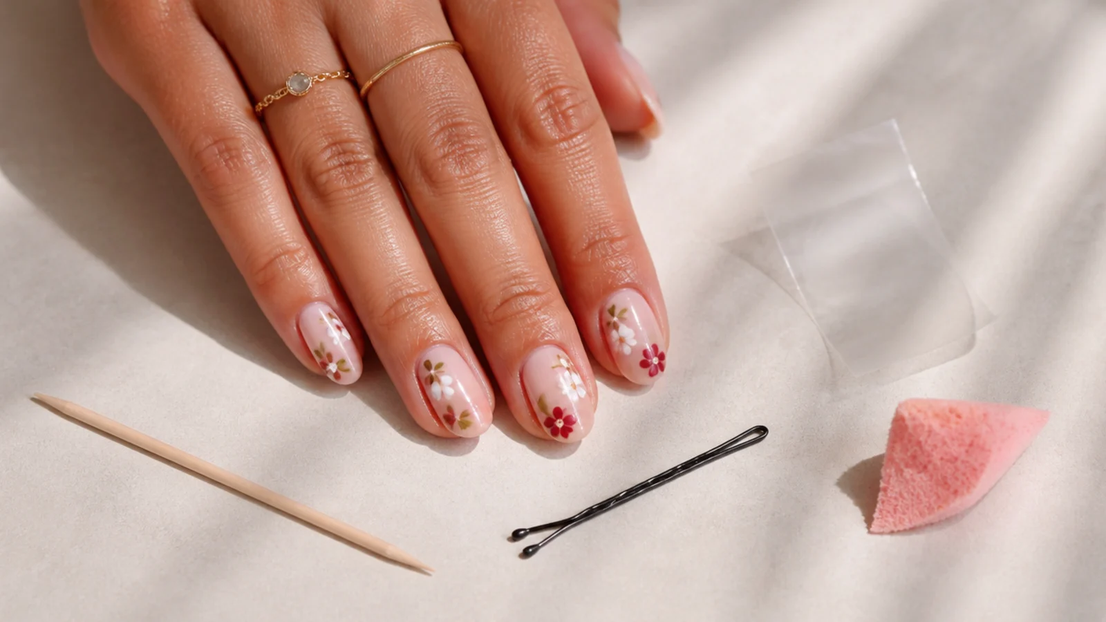 A toothpick, bobby pin, scotch tape and torn makeup sponge laid out as nail art tools