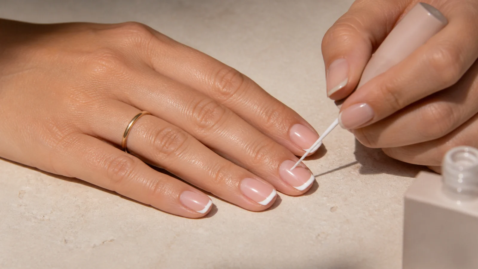 A hand resting flat on a table while the opposite hand paints a thin white tip line