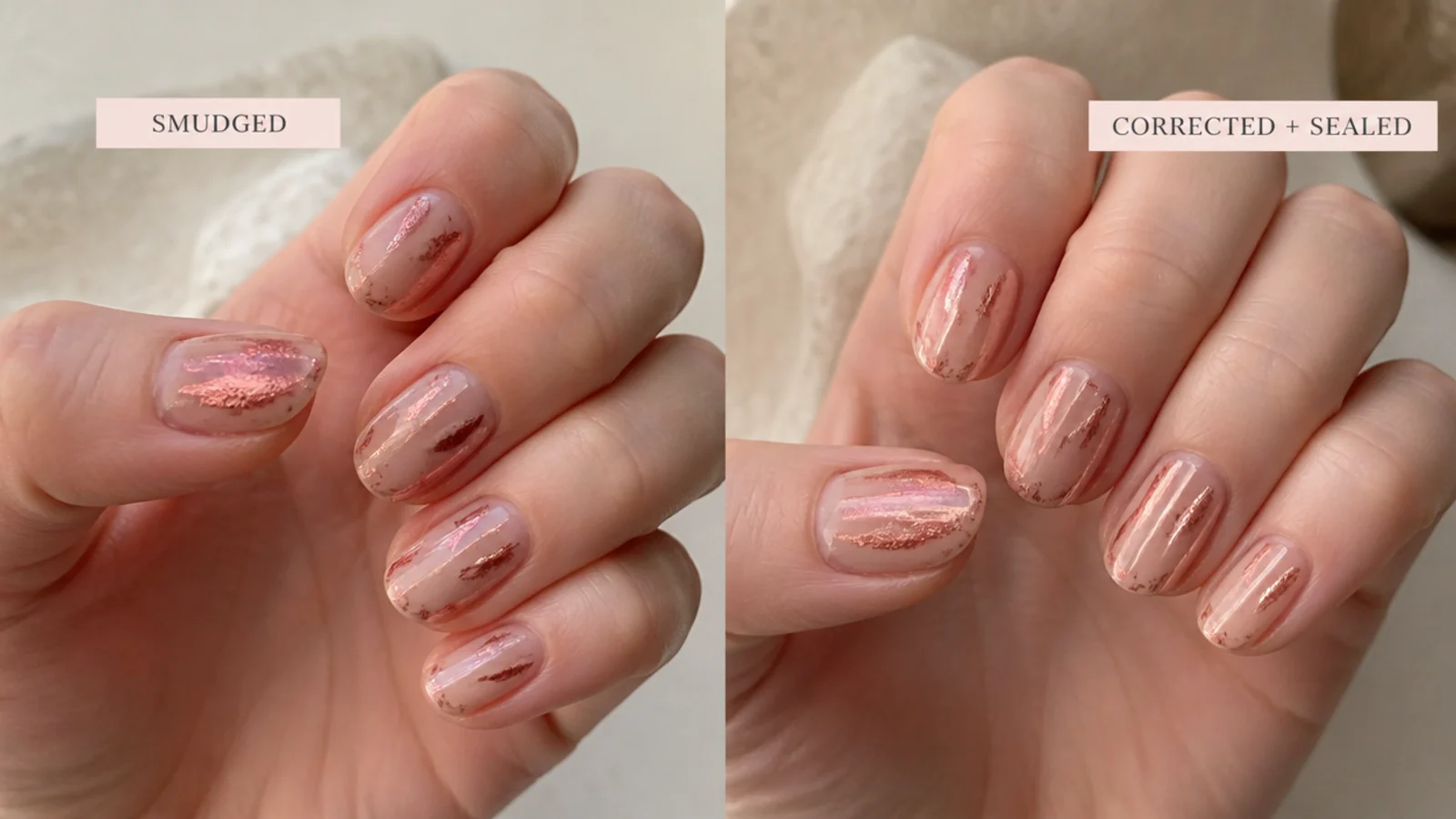 A close up of a smudged nail design beside the same design corrected and sealed