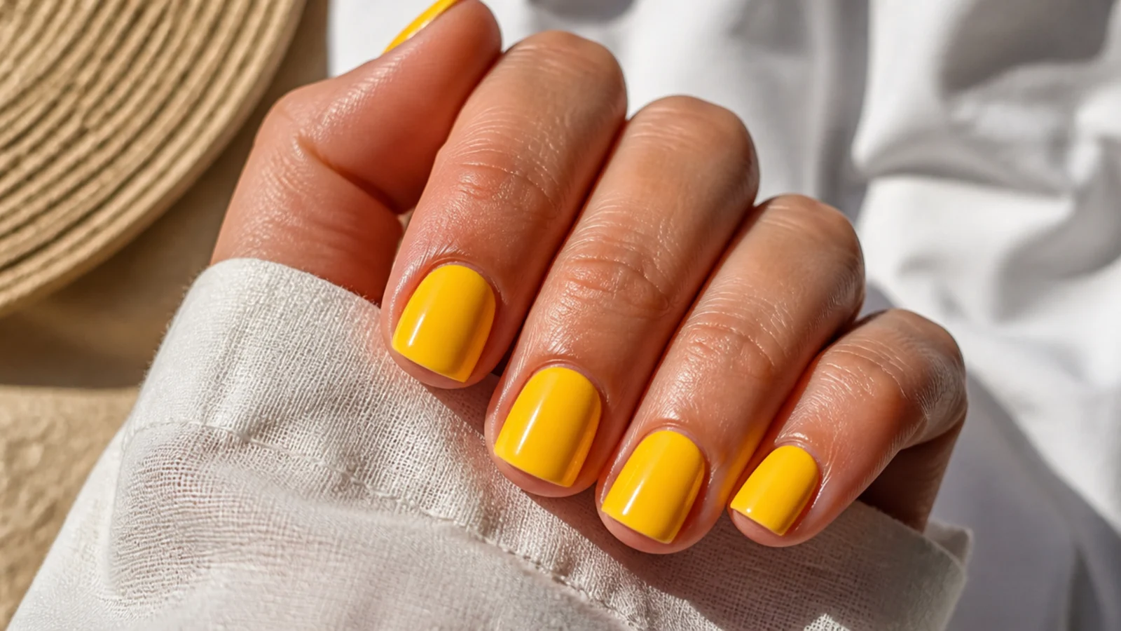 Short square nails in bright sunshine yellow with a clean straight tip and high gloss