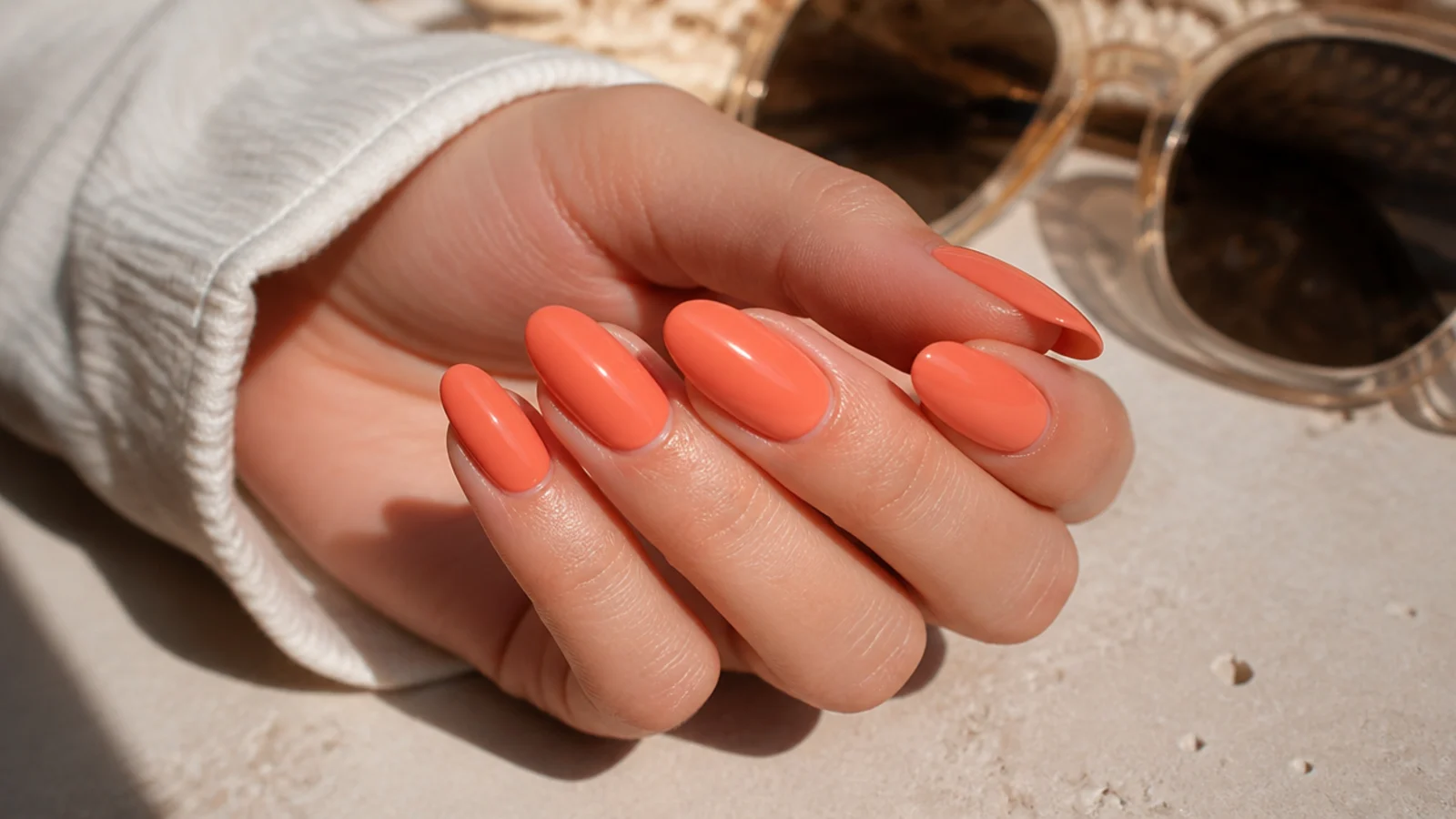 Medium almond nails in warm coral orange with a smooth glossy summer finish
