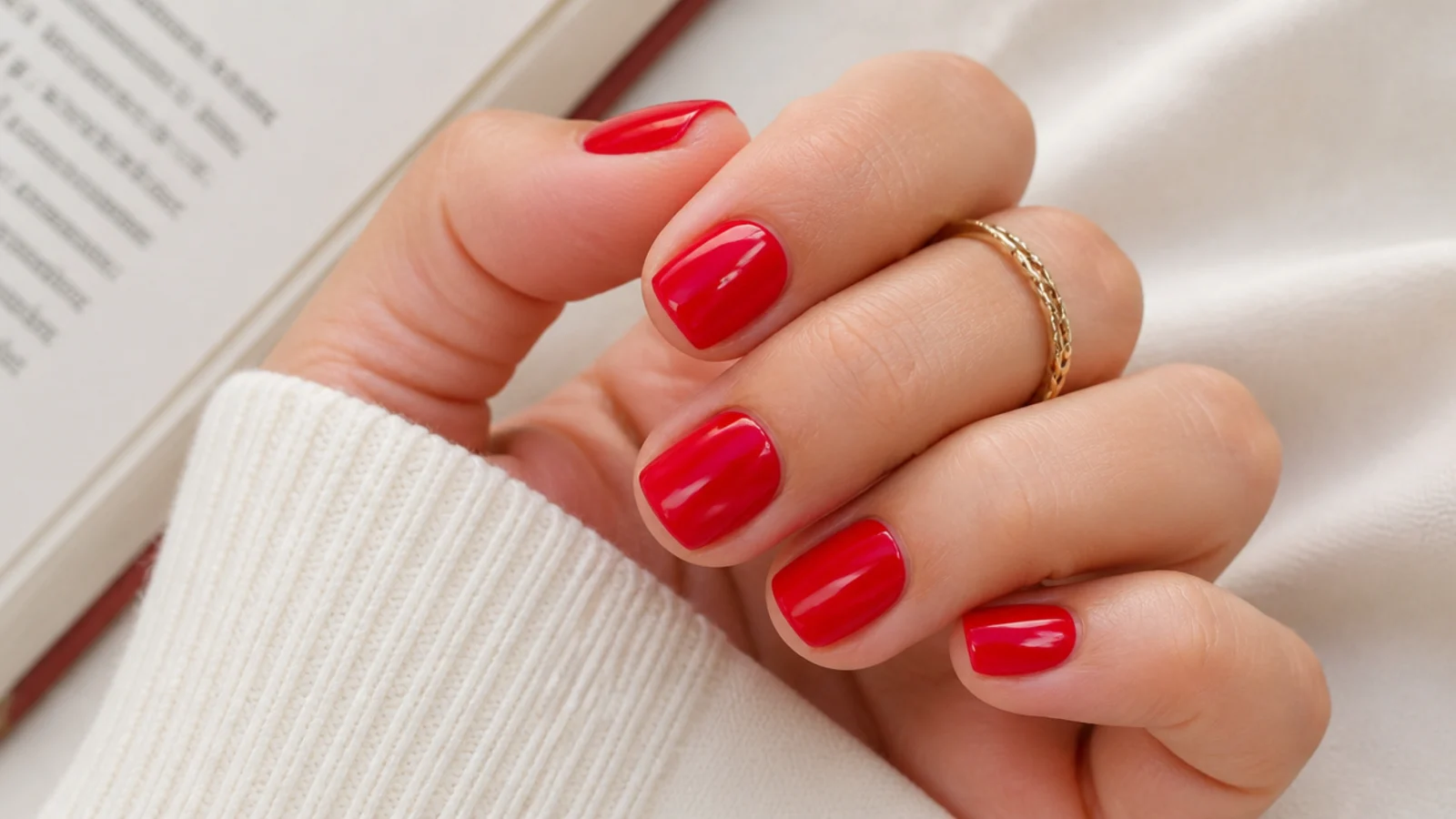 Short squoval nails in bright blue-based cherry red with a mirror-glossy top coat