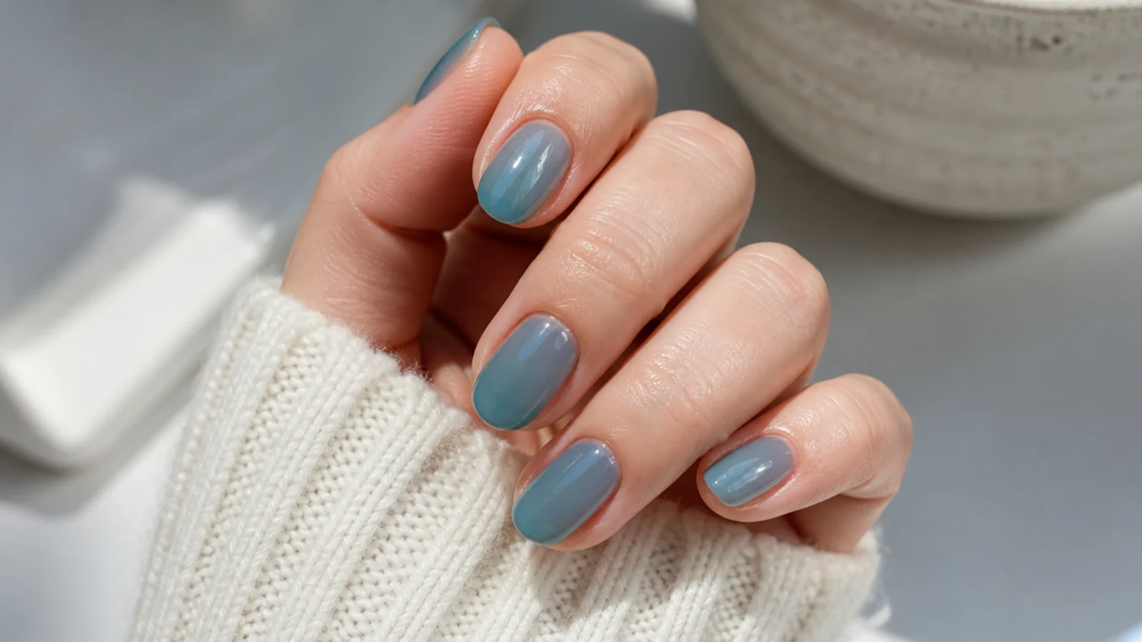Translucent lagoon blue jelly nails showing the natural nail through a glossy tinted overlay