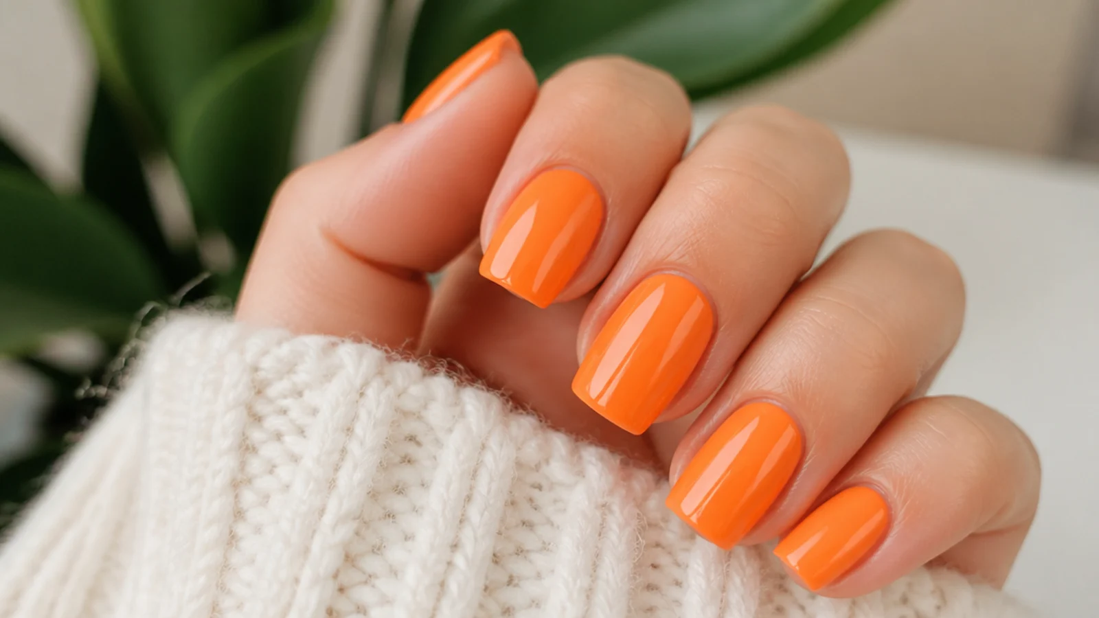Short coffin nails in bright tangerine orange with a flat tip and high-gloss finish