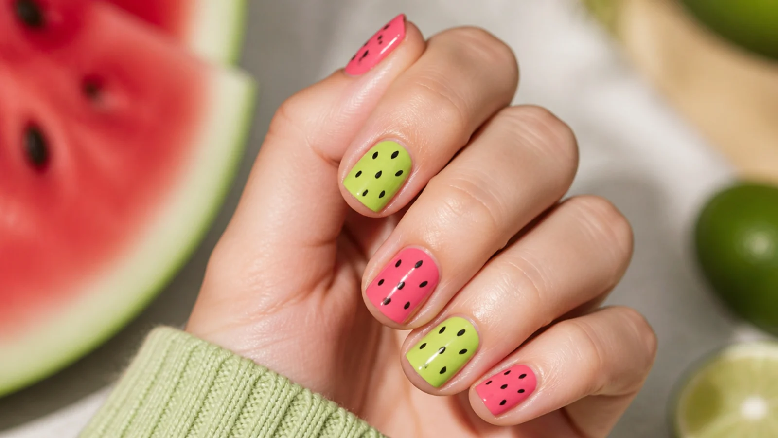 Short square nails alternating watermelon pink and lime green with tiny black seed dots
