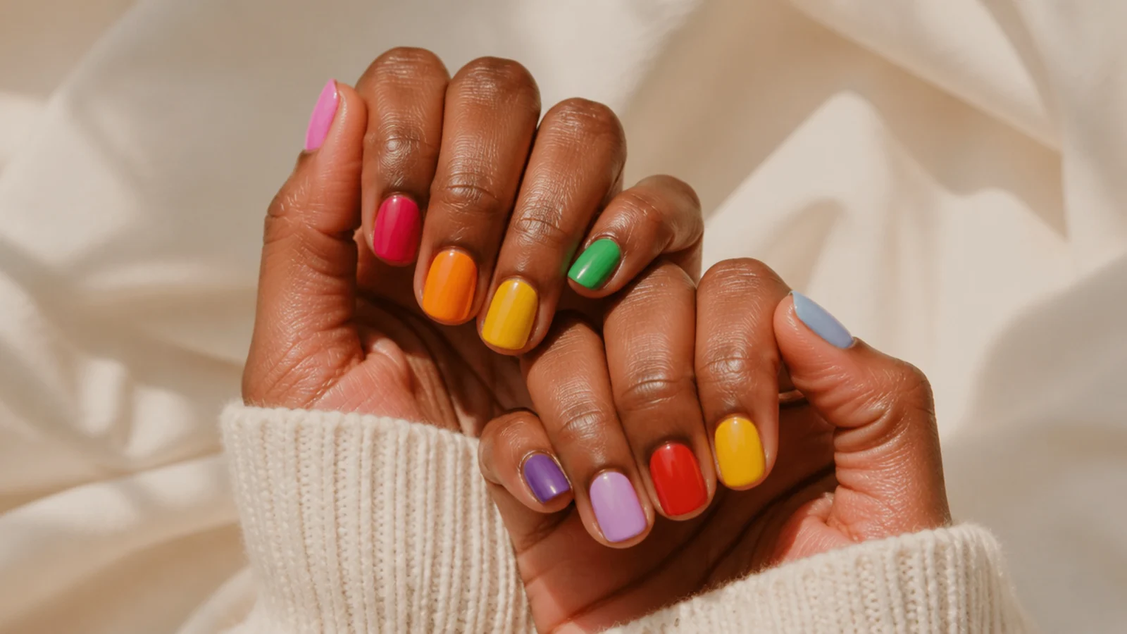 Ten short nails each painted a different bright color in a mismatched rainbow set