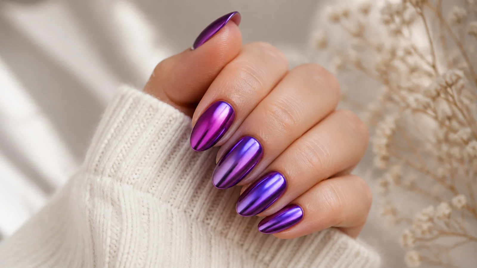 Medium almond nails in electric purple chrome with a violet mirror finish catching light