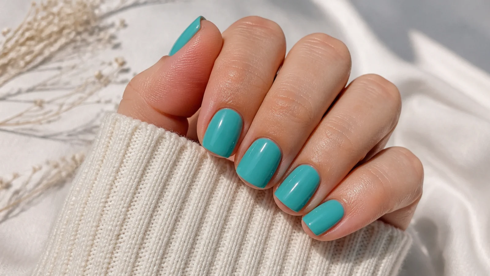 Short squoval nails in opaque turquoise aqua with a smooth creamy summer finish