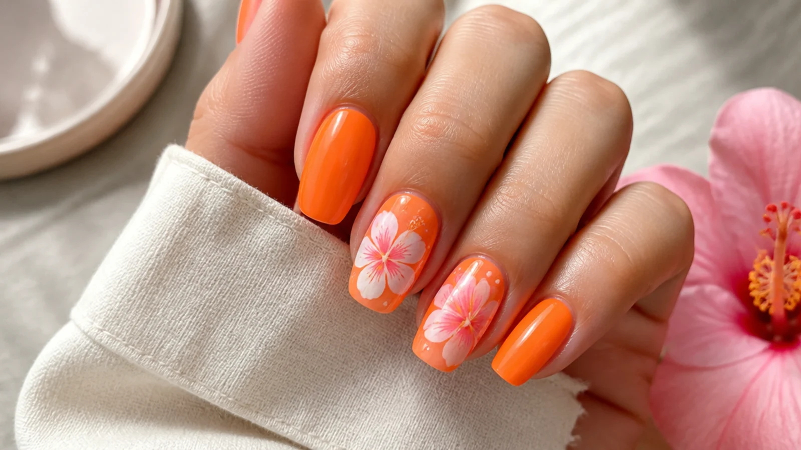Bright orange nails with hand-painted white and pink hibiscus flowers on two accent nails