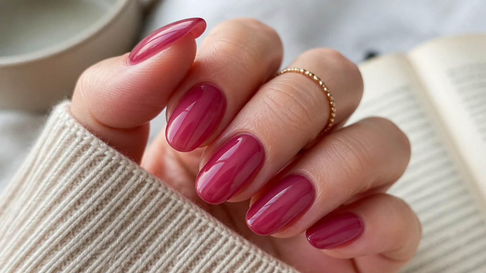 Translucent magenta jelly nails with the natural nail visible through a glossy pink tint