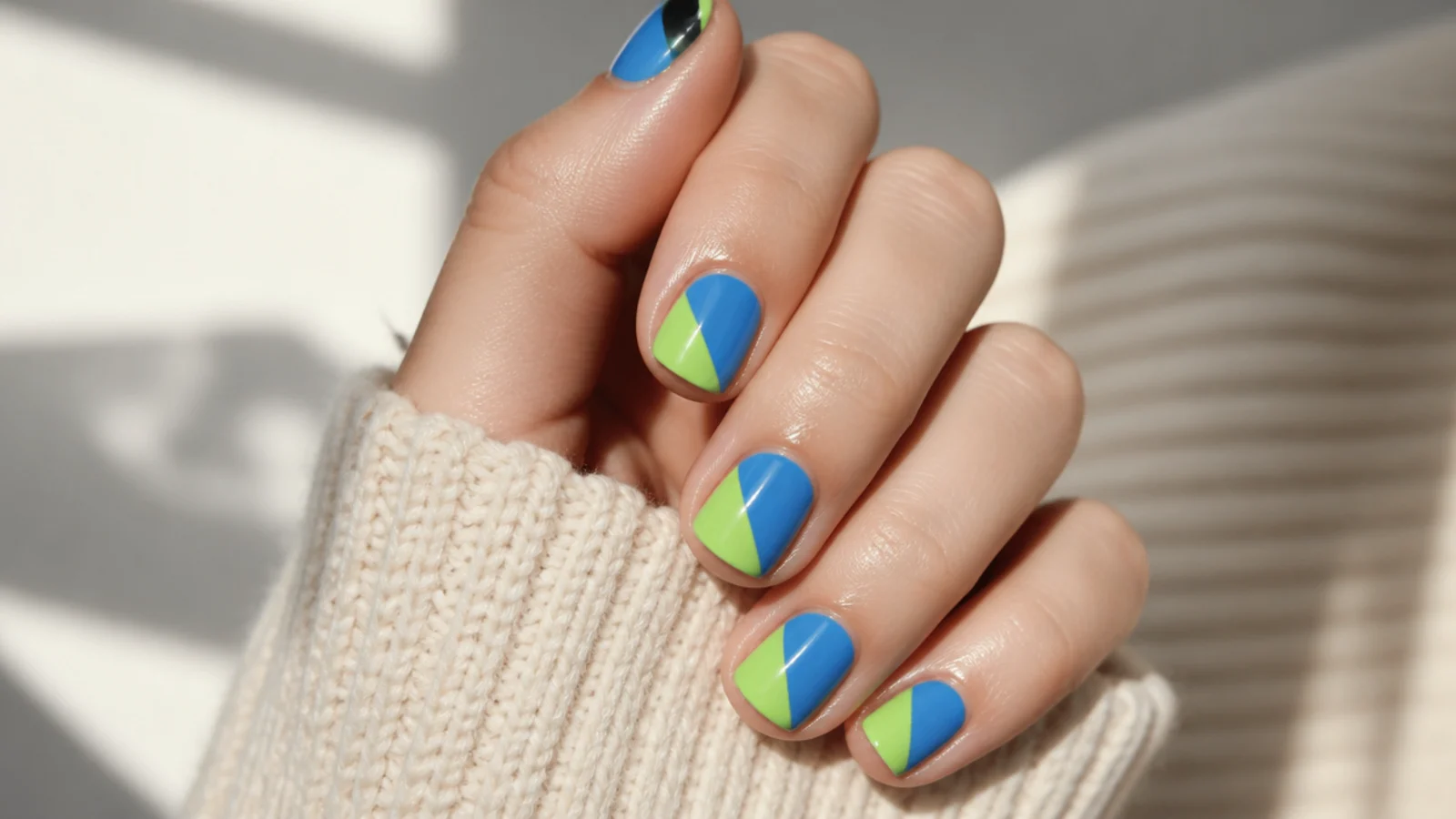 Short square nails split diagonally into lime green and cobalt blue color blocks