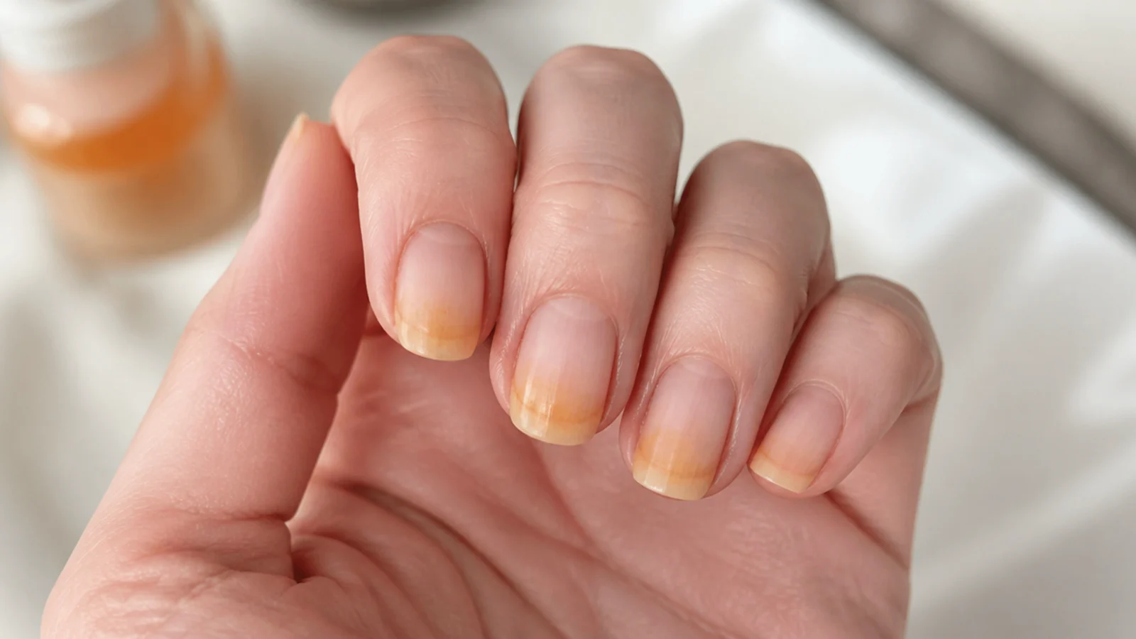 Bare natural nail showing a yellow stain ghost after bright orange polish removal