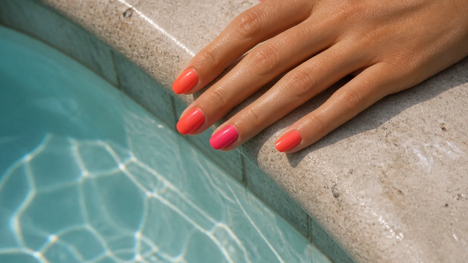 Bright coral and neon pink nails resting on a pool edge with chlorinated water below