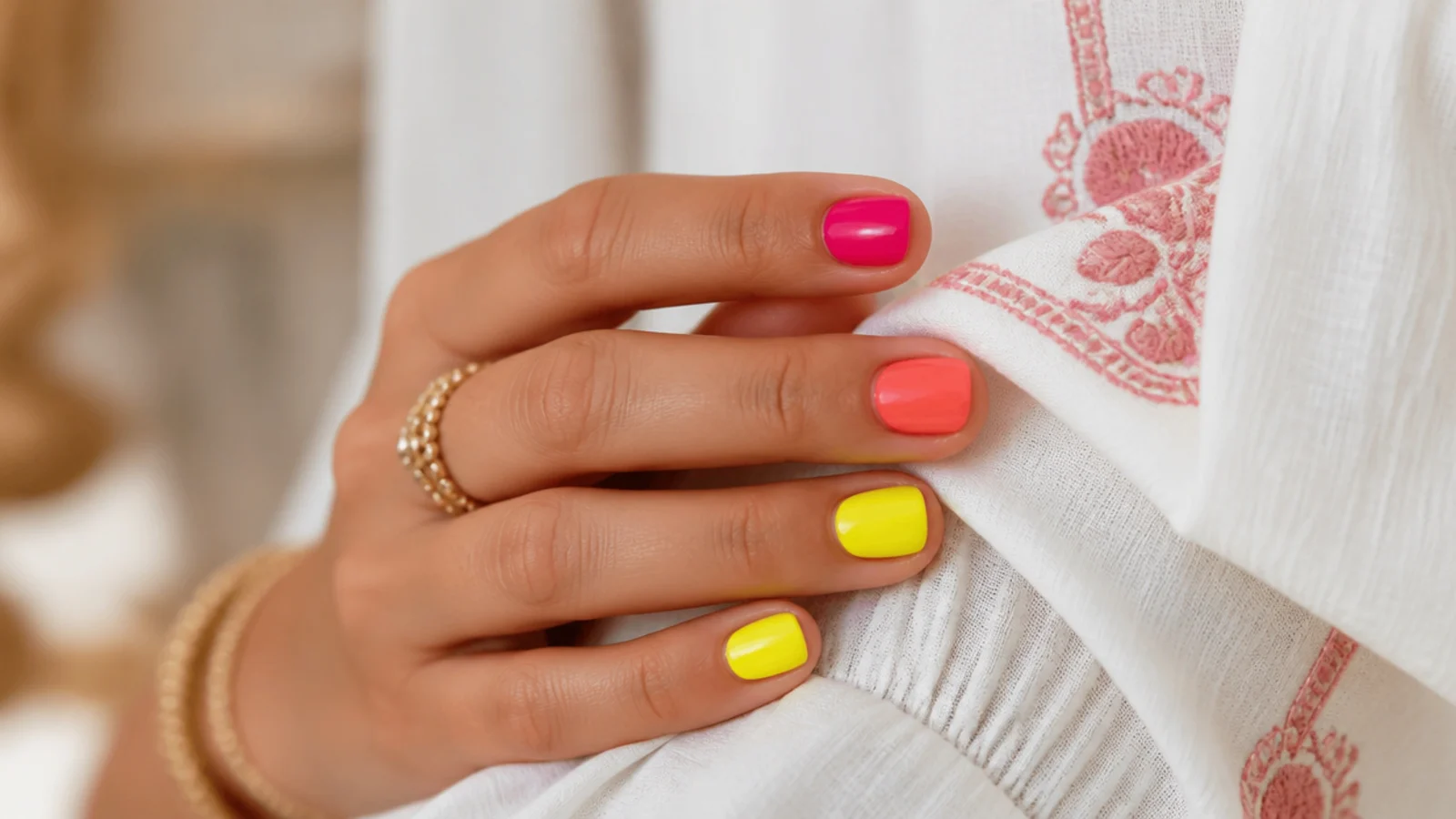 Short square nails in bright neon pink, coral orange and sunshine yellow with a glossy summer finish